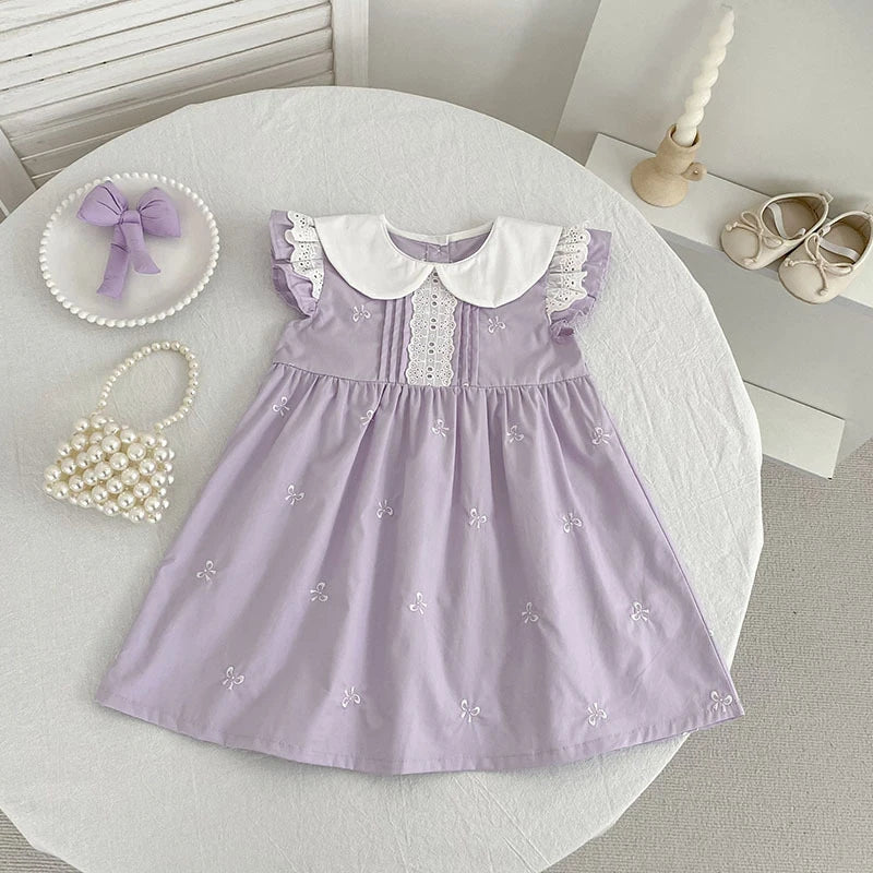 2026 New Summer Sister Clothing 2-6Yrs Kids Princess Flutter Sleeved Dresses Cotton Embroidery Baby Birthday Party Dress