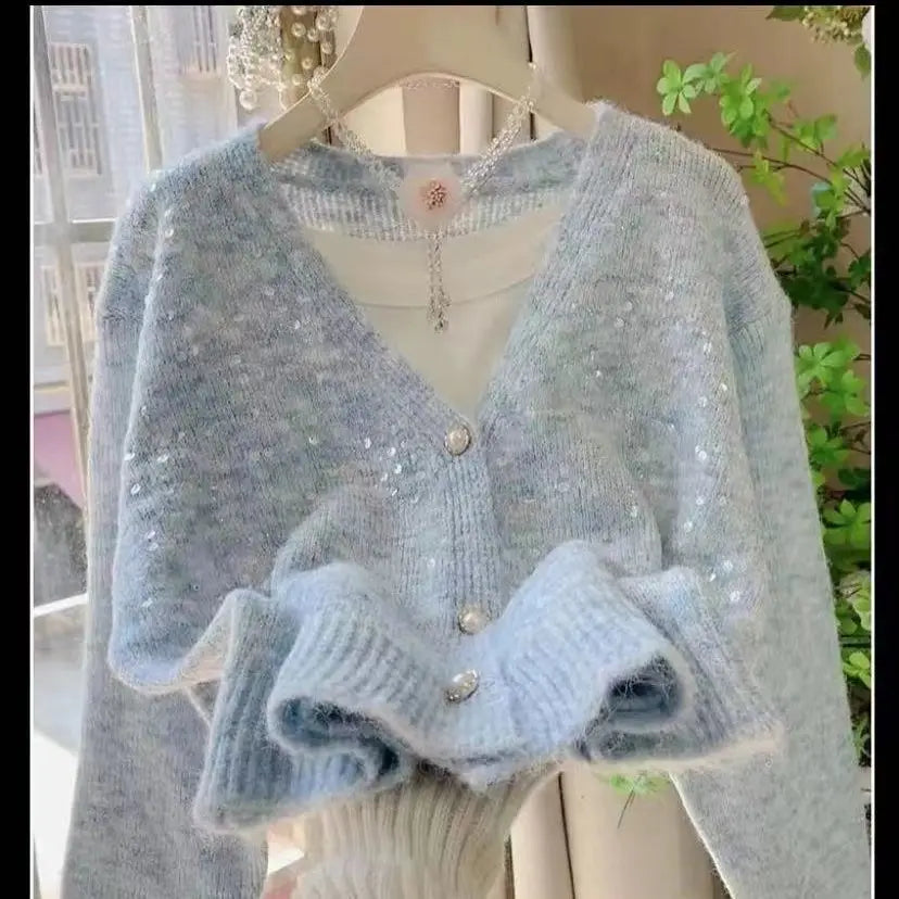 V-neck Fashion Glitter Knitting Cardigan Women Autumn Winter Elegant Solid Color Sweater Coat All-match Trend Knitwear Tops