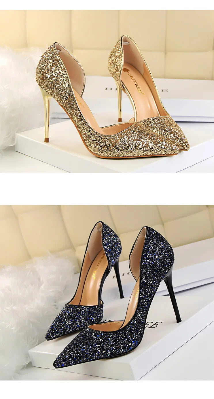 BIGTREE Shoes Champagne Women Pumps Sequin Wedding Shoes Stiletto High Heels Women Shoes Luxury Party Shoes Pumps Plus Size 43