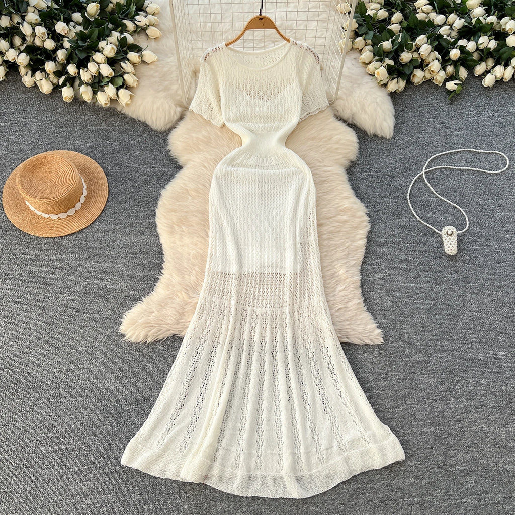 Women Hollow Knitted Dress Summer Flower Short Sleeved Fishtail Bodycon Dress with Camisole Dresses Vintage Party Long Robe