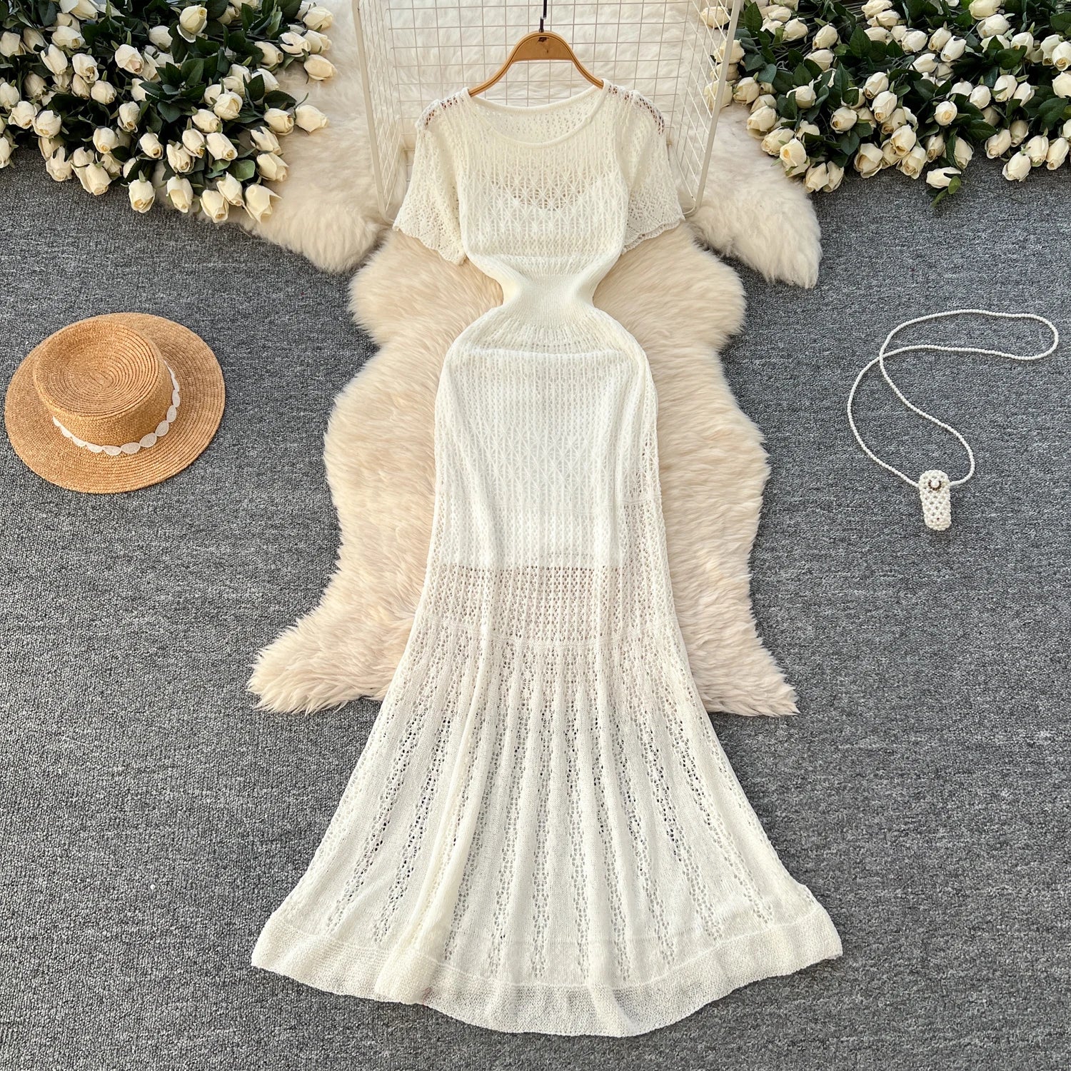 Women Hollow Knitted Dress Summer Flower Short Sleeved Fishtail Bodycon Dress with Camisole Dresses Vintage Party Long Robe