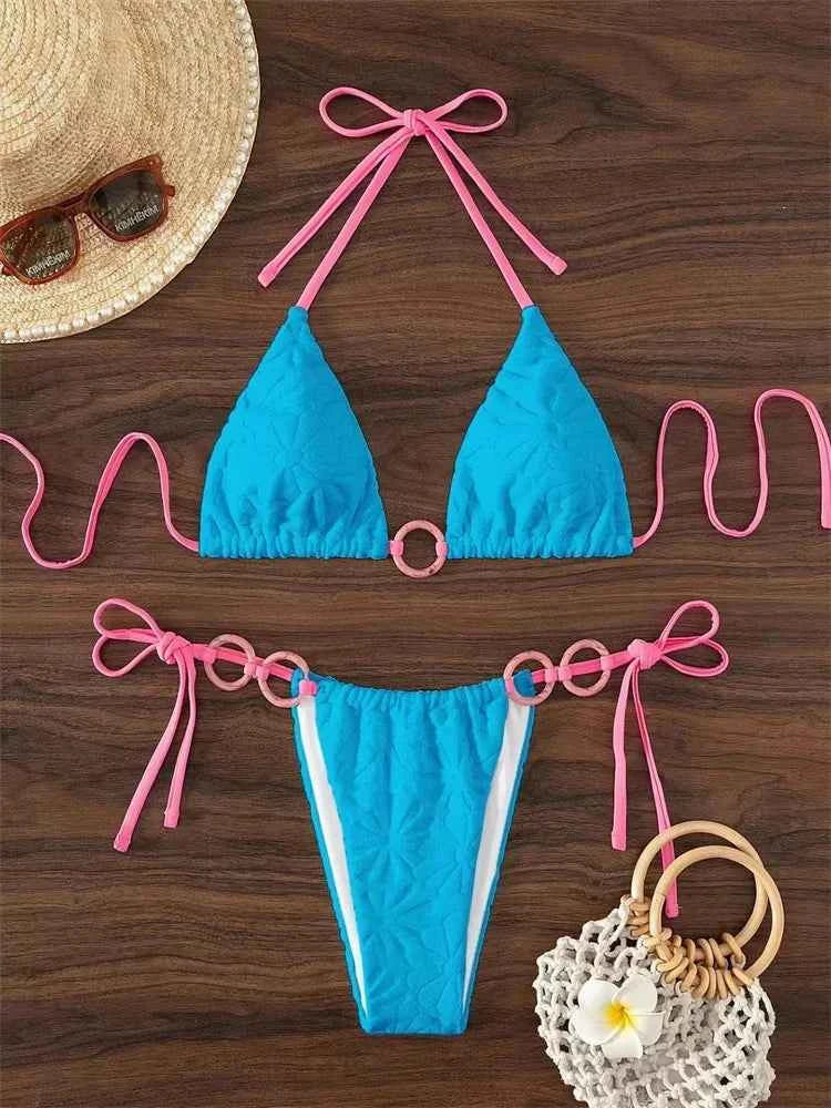 Sexy Triangle Bikini Women White Contrast Ring Linked Criss Cross Micro Swimsuit 2024 Beach Bathing Suit Tie Side Thong Swimwear