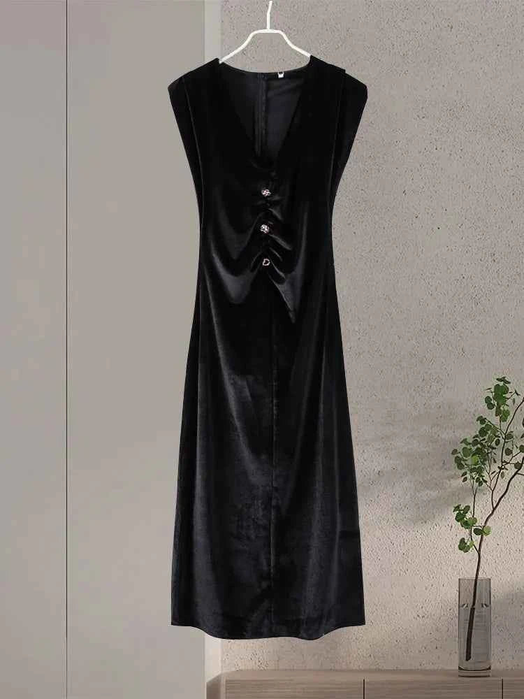 Elegant Velvet Long Dress Women V Neck Sleeveless High Waist Shoulder Pad Dresses Female 2025 Fashion Evening Vent Dresses Lady