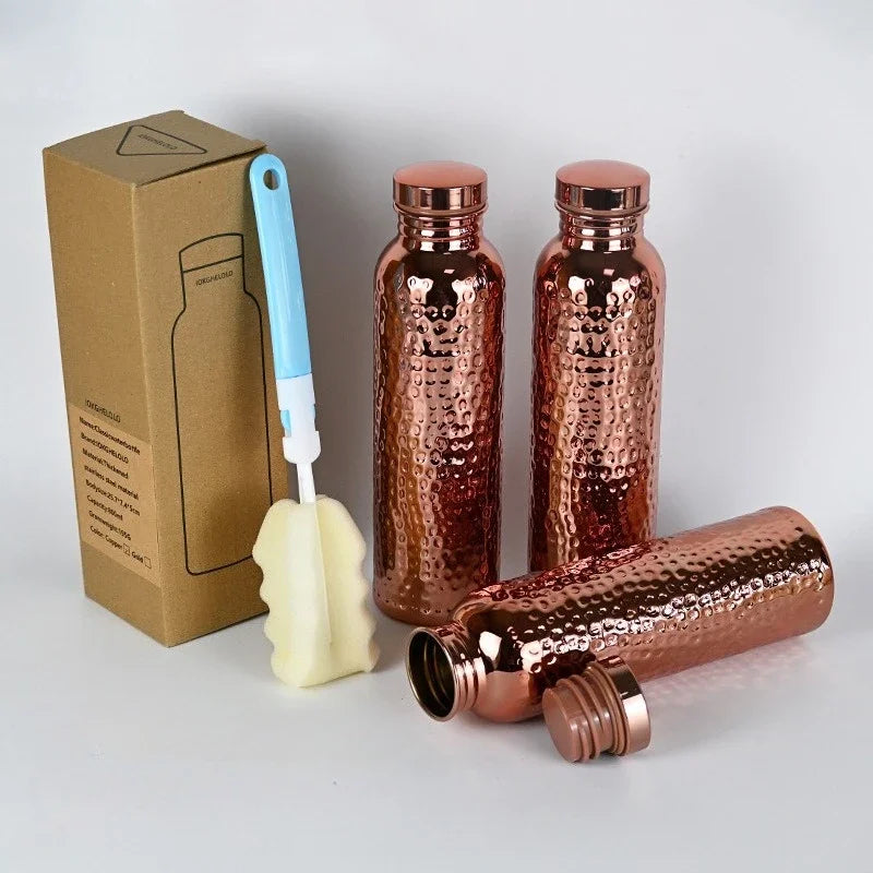 800ML Electroplated Copper Water Bottle One-Click Open Lid Anti-Slip Silicone Base Hammer Pattern Bottle Sports Bottle