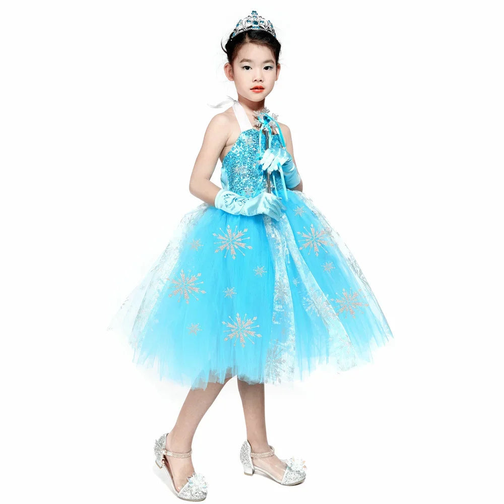 Sequins Elsa Costume for Girls Sky Blue Snow Queen Tutu Dress Snowflake Kids Halloween Birthday Carnival Party Princess Costume