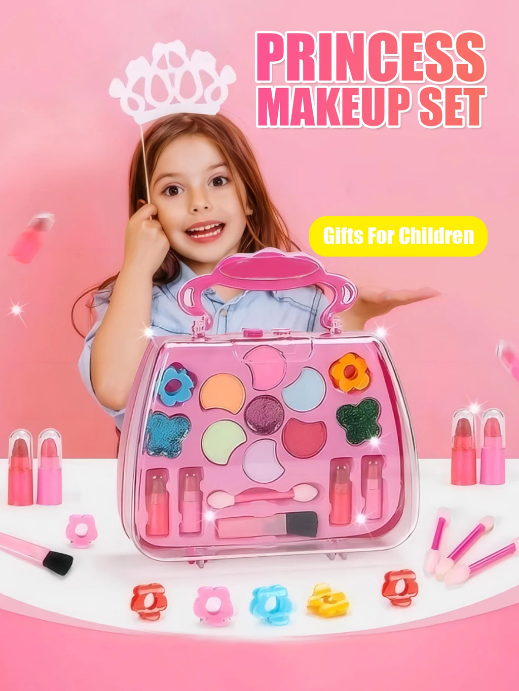 Kids Beauty Makeup Kit for Girls, Little Handbag Make-up Toys Princess Washable Pretend Play Cosmetic Set Toys Birthday Gifts