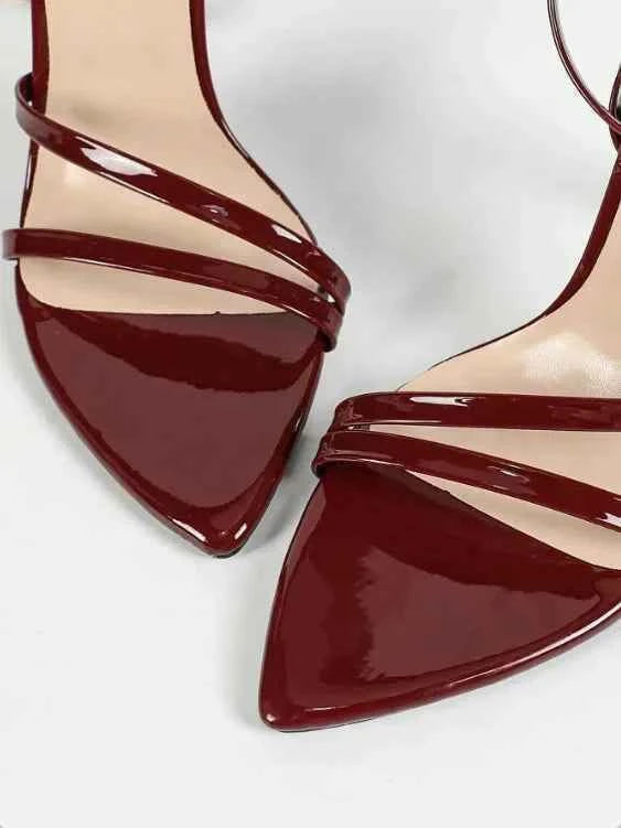 Fashionable Party High Heels Women's Pointed Toe Patent Leather Cross Ankle Strap Sandals Rubber Sole Square Head Shape