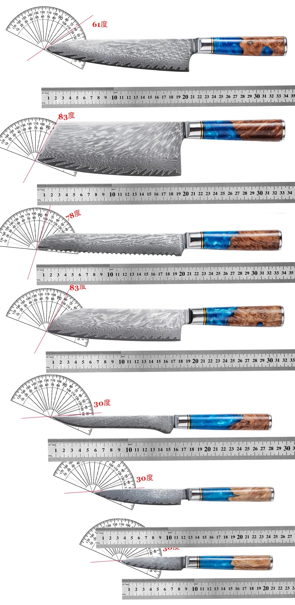 1-8pcs Professional kitchen knife set Damascus Steel Set for Meat Cutting Sushi Peeling and Boning Blue Resin Wood Handle