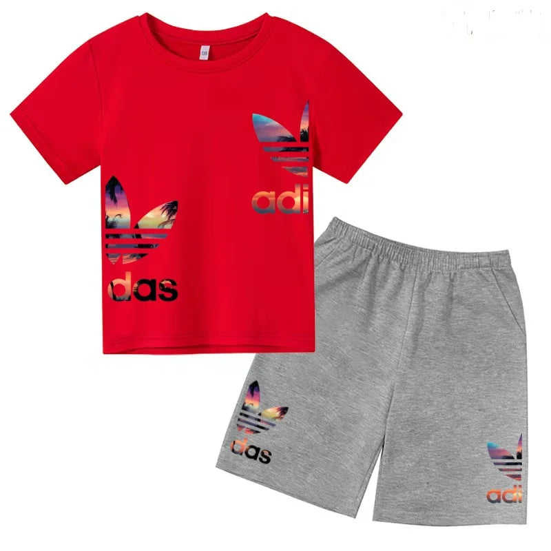 Kids T-shirt Set Colorful Letter Print Boys Girls 3-12Yrs Gift Short-sleeved+shorts 2P Round Neck Sports Casual Charming Clothes