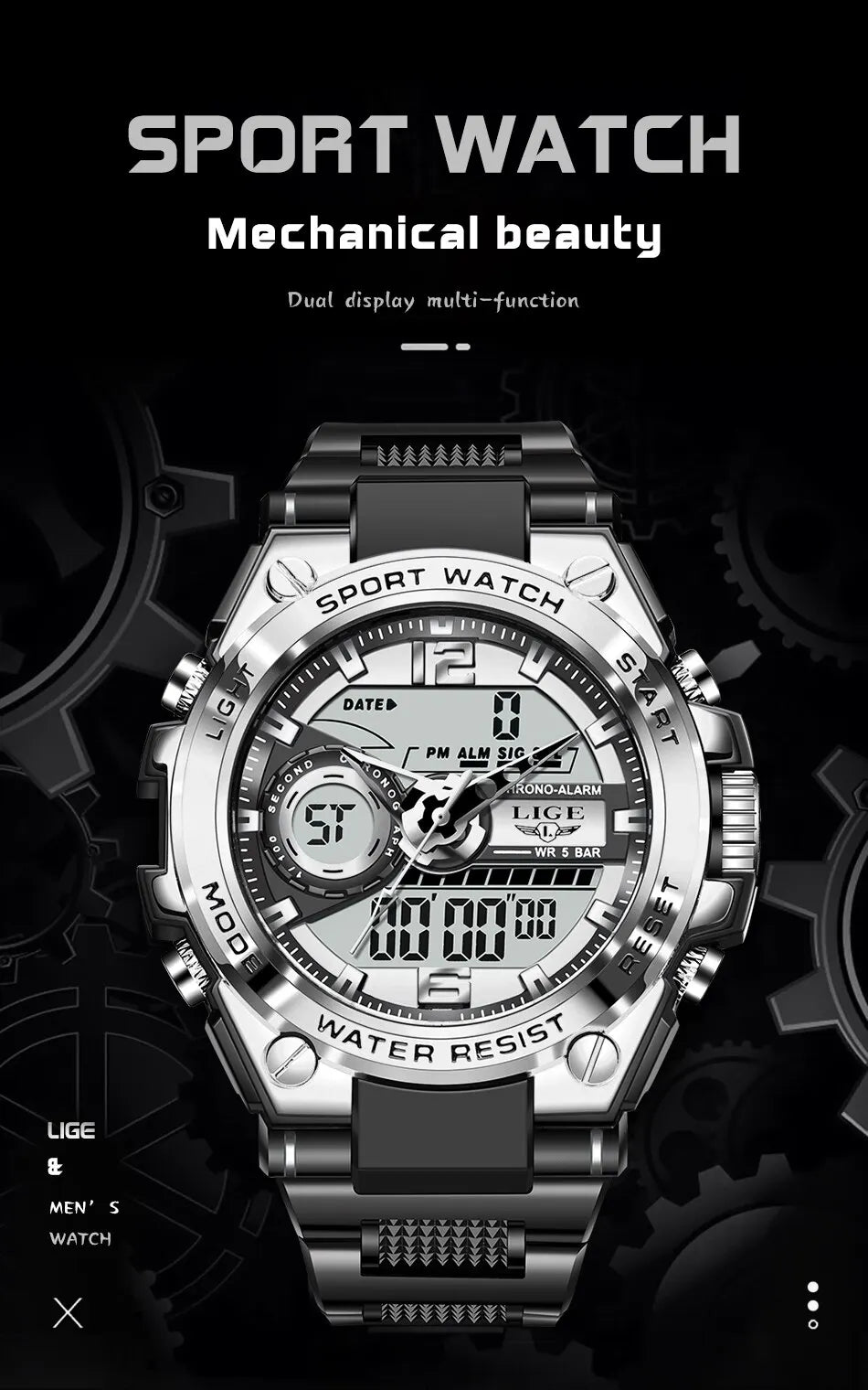LIGE Men Military Watch Digital 50m Waterproof Wristwatch LED Quartz Clock Sport Watch Male Big Watches Men Relogios Masculino
