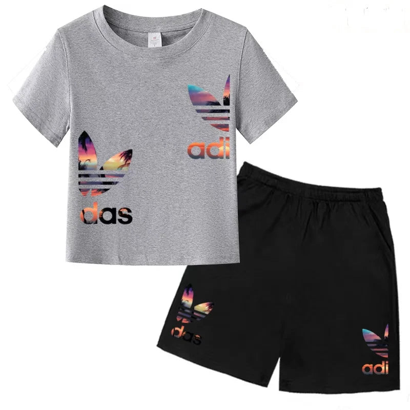 Kids T-shirt Set Colorful Letter Print Boys Girls 3-12Yrs Gift Short-sleeved+shorts 2P Round Neck Sports Casual Charming Clothes