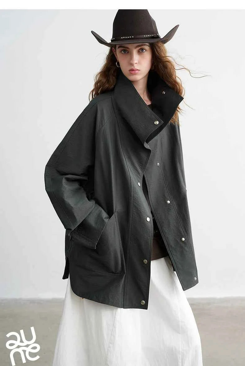 TOYOUTH Women's 2026 Spring New Loose Stand-Collar Utility-Style Lightweight Jacket Coat with Slub Wrinkle Texture