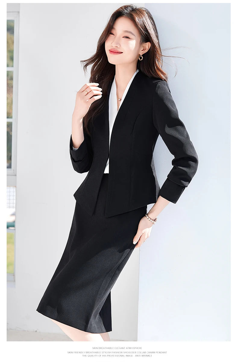 AIyssa Fashionable classic long-sleeved suit set, office business women's clothing, high-quality two-piece suit jacket + skirt.
