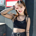 Spring Summer Women Sexy Black Mesh Tops Bottoming T Shirts Transparent Sheer Blouses Turtleneck Streetwear Tees Sunscreen Top