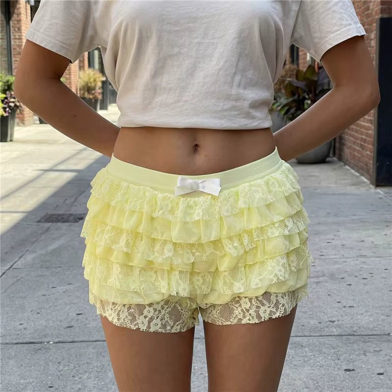 Women Mesh Lace Bloomer Shorts Y2k Layered Ruffle Frilly Booty Shorts Fairy Bowknot Sexy Boy Shorts Panties Party Clubwear