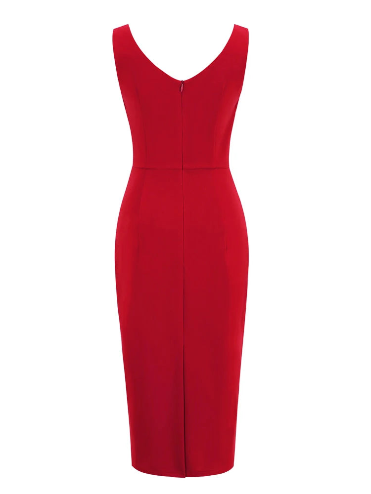 Tonval Sweetheart Neck Sleeveless Office Midi Pencil Dresses for Women 2023 Vintage Red Solid Elegant Slim Bodycon Dress
