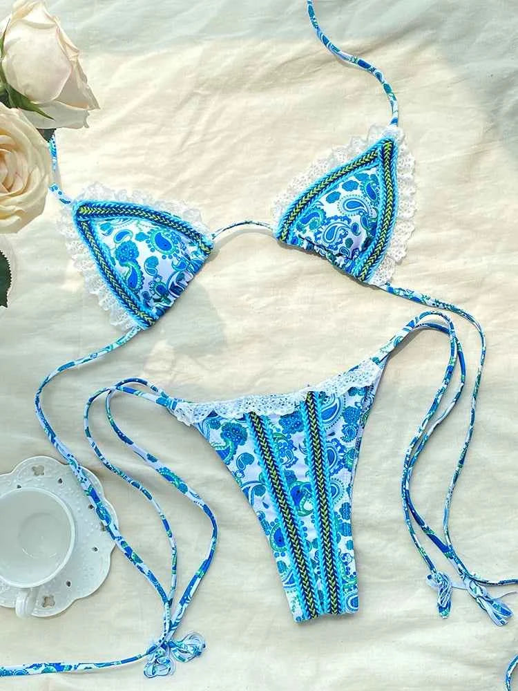 ZRTAK Sexy Swimwear Women Bikinis String Swimming Suit Lace Swimsuit Hight Cut Bathing Suit Micro Folds Halter Two Piece Suit