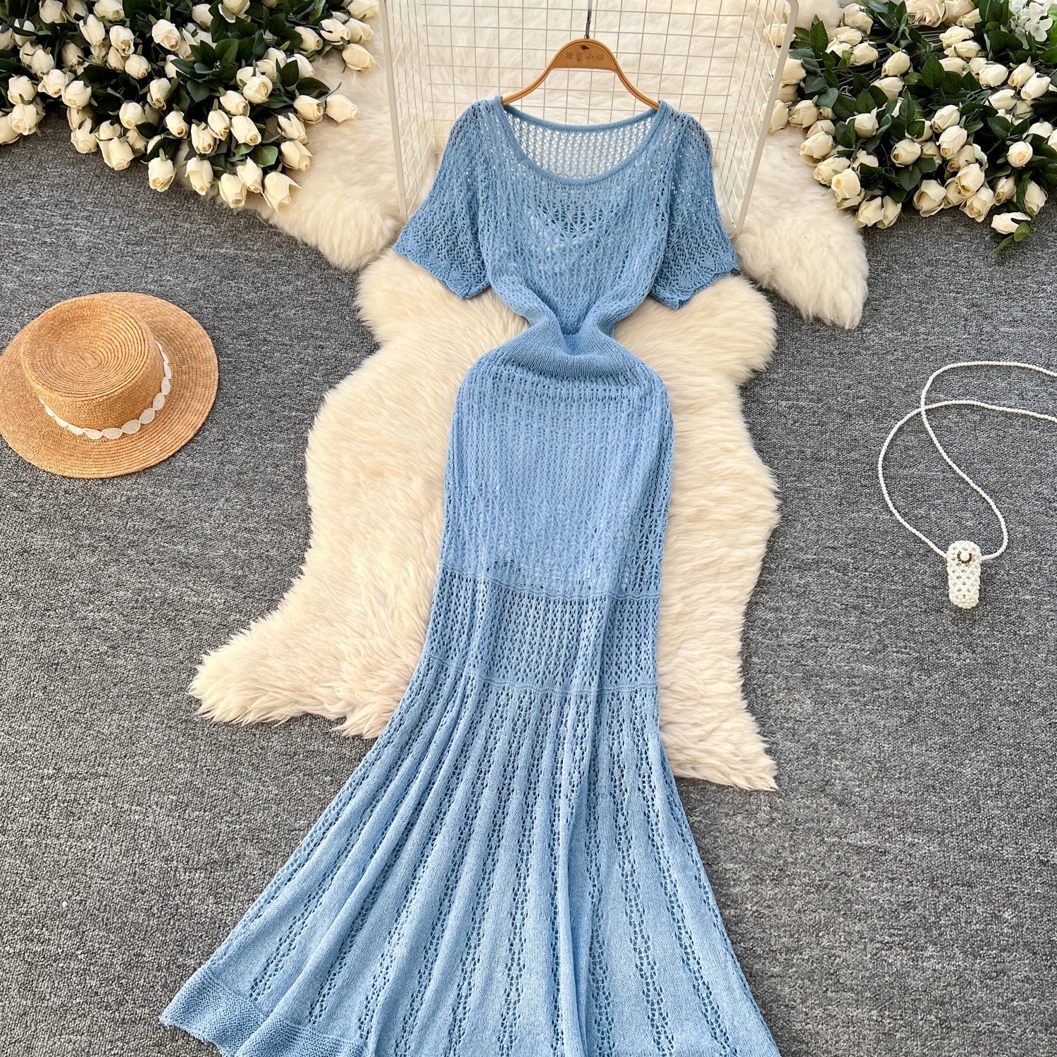 Women Hollow Knitted Dress Summer Flower Short Sleeved Fishtail Bodycon Dress with Camisole Dresses Vintage Party Long Robe