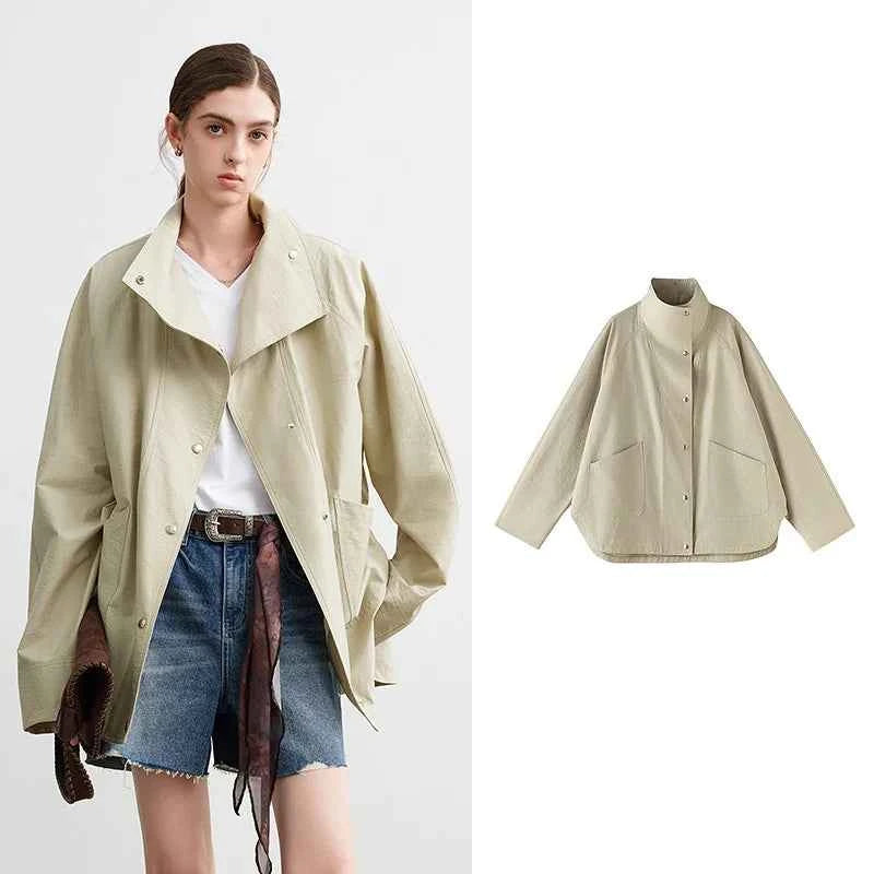 TOYOUTH Women's 2026 Spring New Loose Stand-Collar Utility-Style Lightweight Jacket Coat with Slub Wrinkle Texture