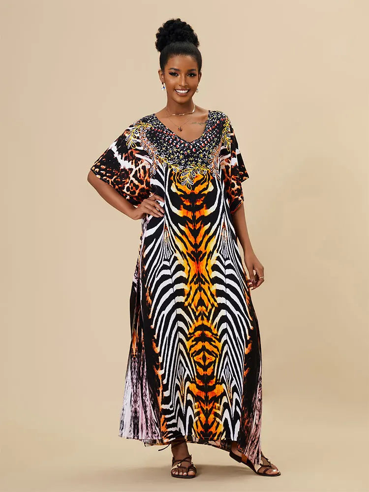 EDOLYNSA 2023 Bohemian Printed Loose Kaftan Casual Summer Vacation Maxi Dress Women Clothing Beach Wear Swim Suit Cover Up Q1469