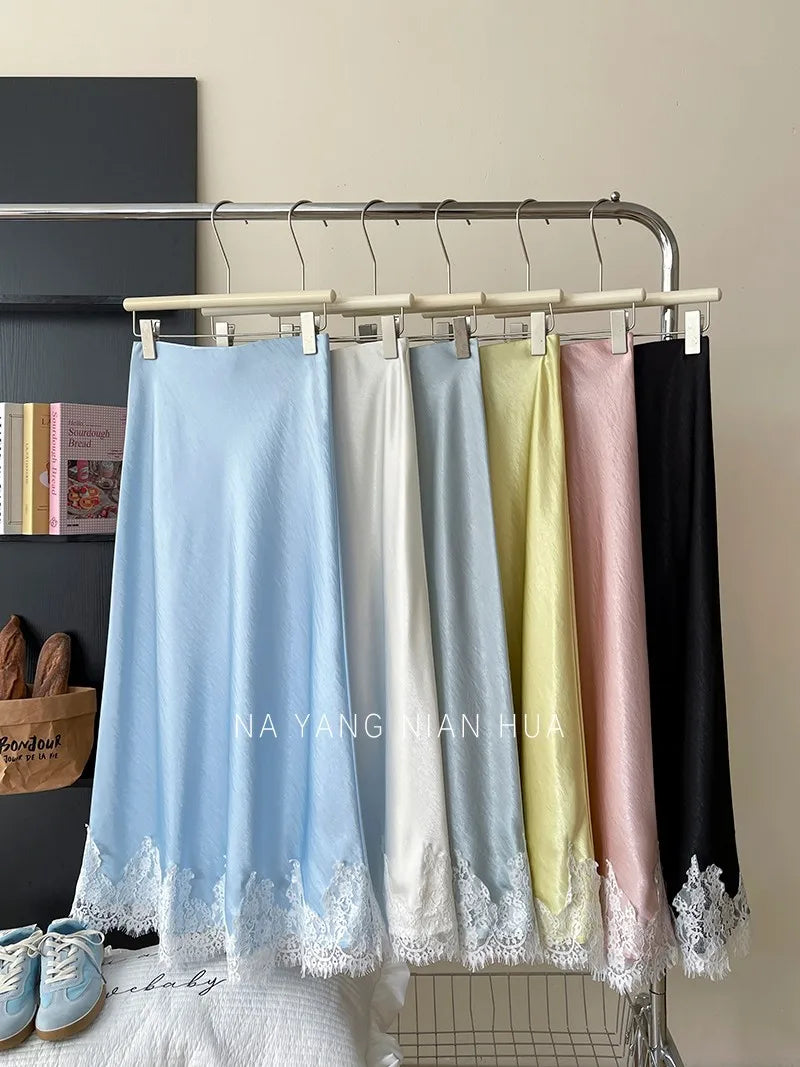 Beiyingni French Elegant Satin Mermaid Skirt Women Spring Summer Lace Patchwork Pack Hip Long A-line Skirts Office Ladies Faldas