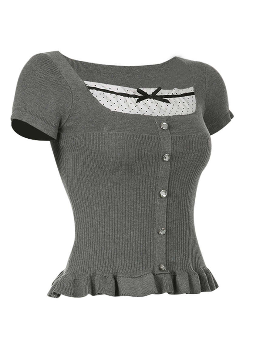 Preppy Kawaii Knitted Crop Tops Puff Sleeve Ruffles Hem Tees Fairy Vintage Y2K Milkmaid Tops Cottage Retro Women T-shirts Korean