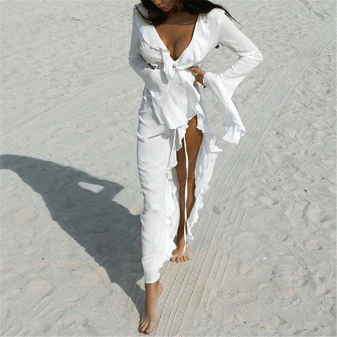 Women's V Neck Ruffled Long Sleeve Dress Chiffon Tunic Beach Cover Up Cover-ups Beach Dress Sunscreen Beachwear Vacation V5976B