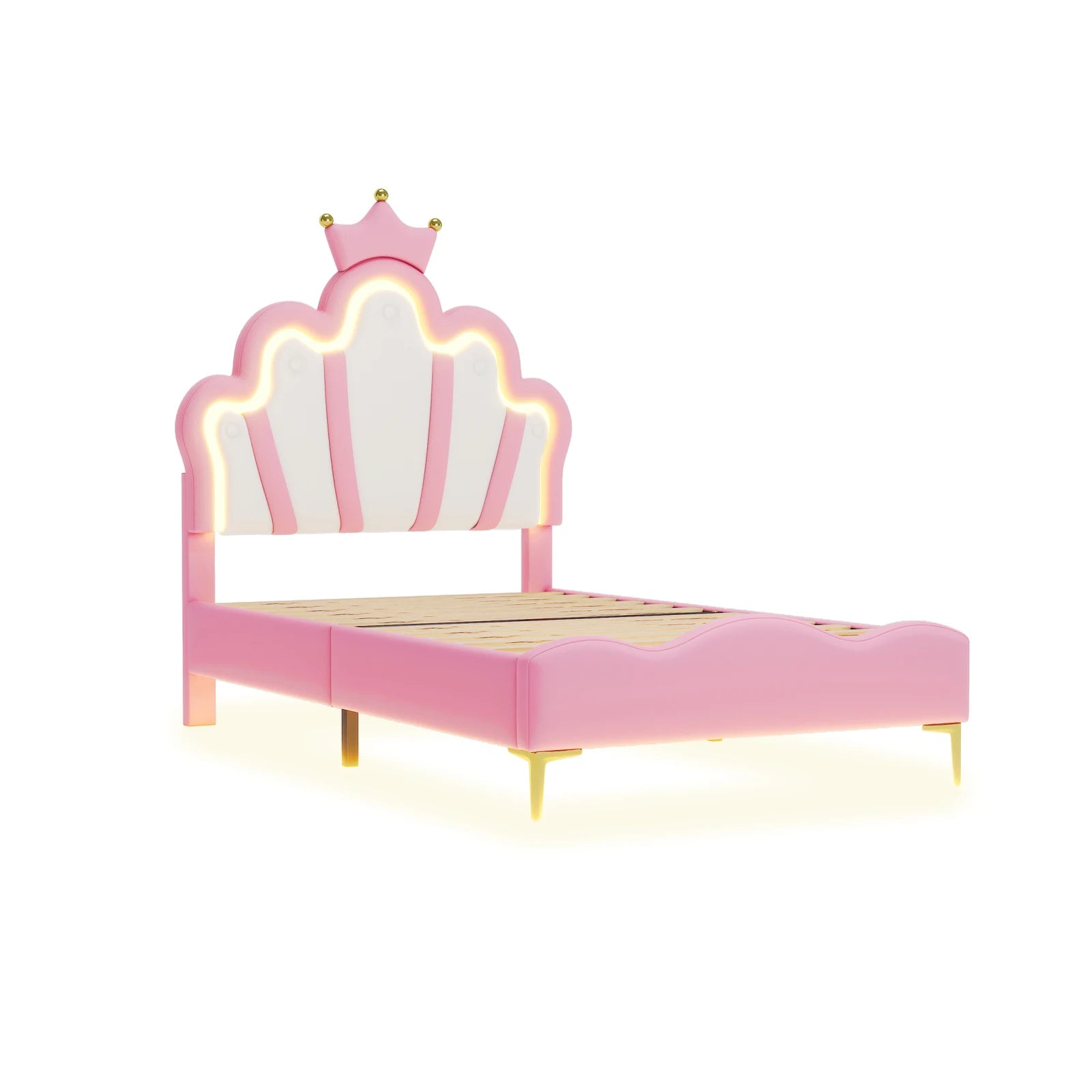Comanlai Children's Bed  90x200cm with LED Light and Crown-shaped Headboard,Upholstered Bed with Slatted Frame,PU Leather,Pink