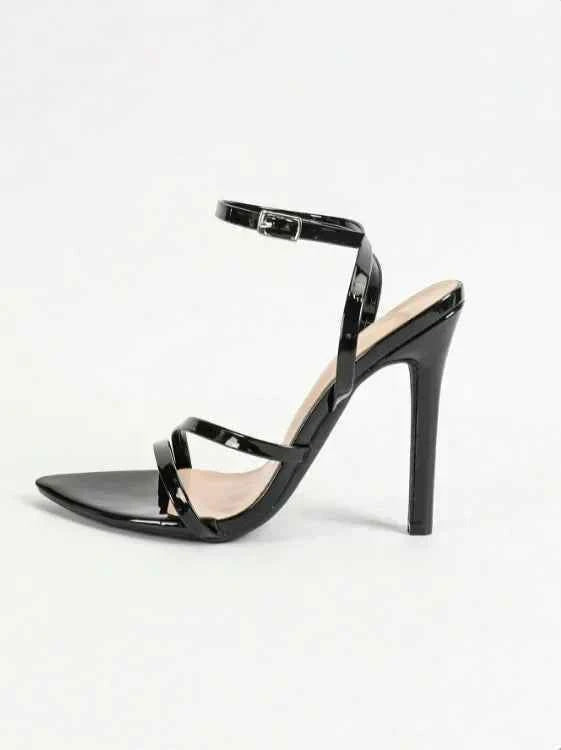Fashionable Party High Heels Women's Pointed Toe Patent Leather Cross Ankle Strap Sandals Rubber Sole Square Head Shape