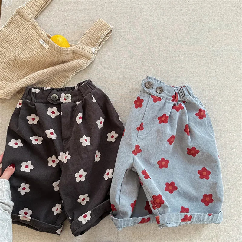 2026 Spring New Children Casual Pants Fashion Flower Print Girls Harem Pants Cotton Kids Loose Trousers Boys Cute Baby Clothes