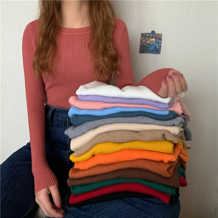 2026 New Women Sweater Autumn Winter Long Sleeve Pullover Basic Top Fashion O-neck Elastic Female Winter Solid Knitted Jumper