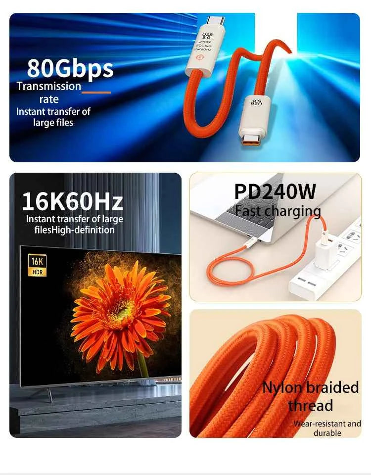 USB 5.0 Nylon Braided Cable with Dual Type-C Ports 240W PD Fast Charging Multifunction Data Cable for Screen Casting