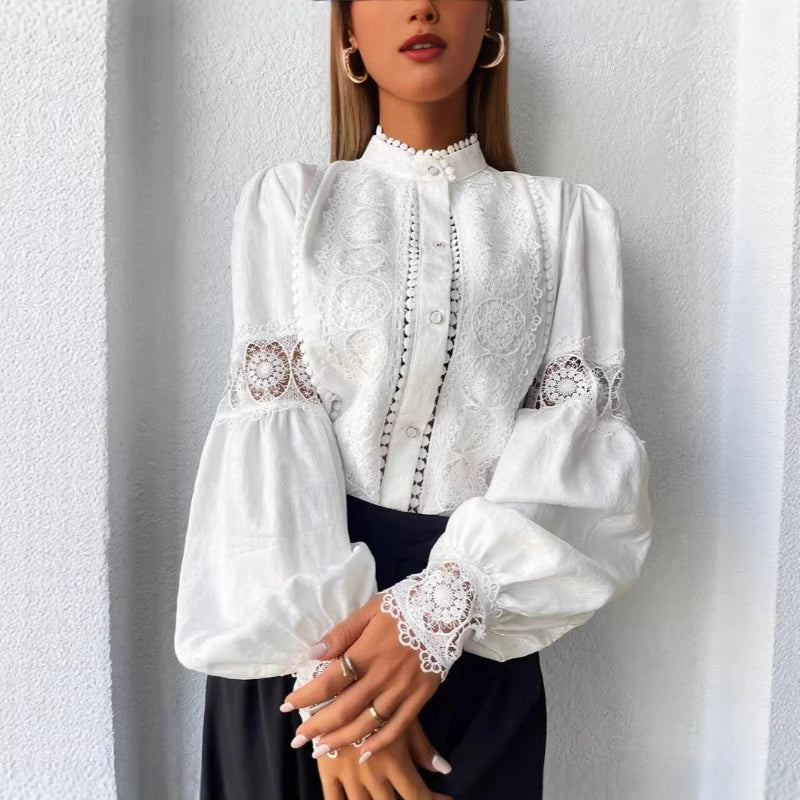 White Lace Blouses Women Elegant Solid Casual Lace and Button Hook Flower Hollow Puff Sleeves Blouse Top Lady Office Shirts