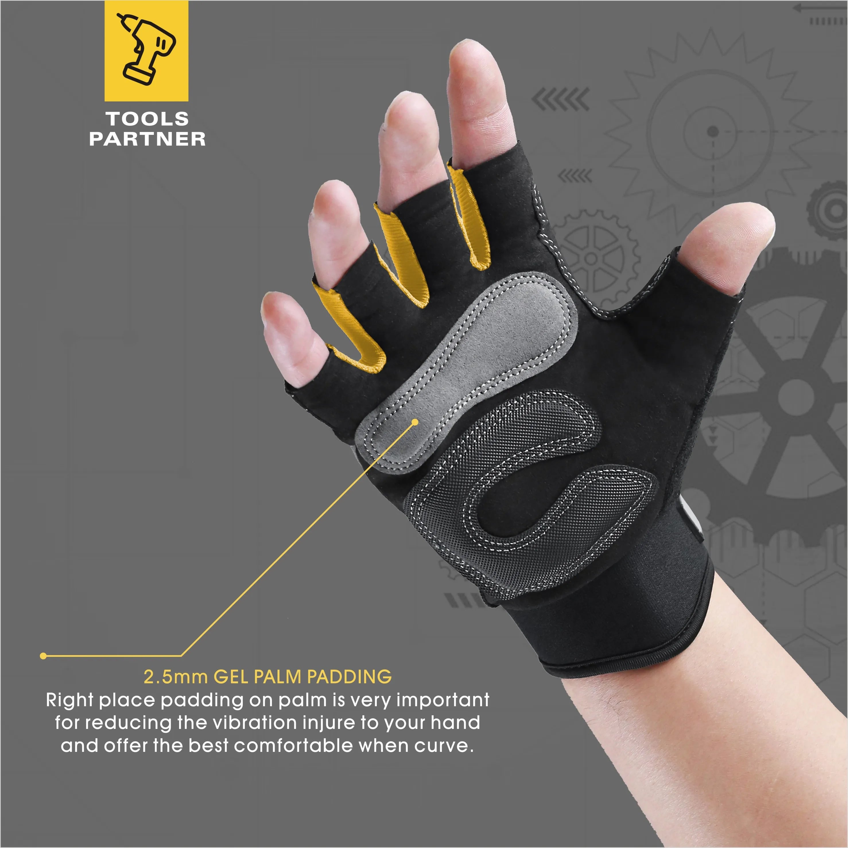 1Pair Work gloves Men Fingerless Mechanic Gloves Shock-Grip, Anti-Collision yellow For wowen men