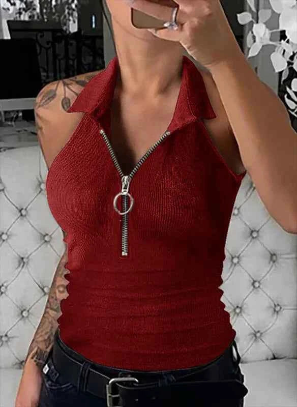 Europe and the United States new spring and summer solid color pit strip lapel zipper vest women fashion casual T-shirt women's