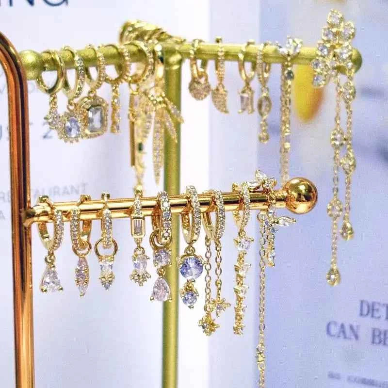 Women's 925 Sterling Silver Ear Needle Crystal Zircon Water Droplets Stud Hoop Gold Huggie Earrings Premium Luxury Party Jewelry