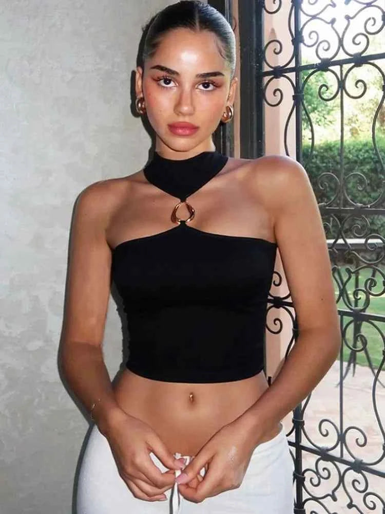 Metal Buckle Decoration Tank Tops Women Turtleneck Off Shoulder Skinny Stretch Street Fashion Wild Style Solid Outfits