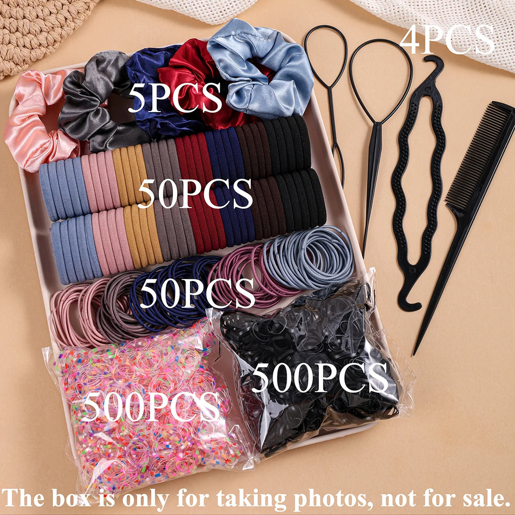 1109pcs Women Dark Hair Accessories Set Elastic Seamless Ponytail Scrunchies Small Rubber Bands Fashion Hair Ties Headbands