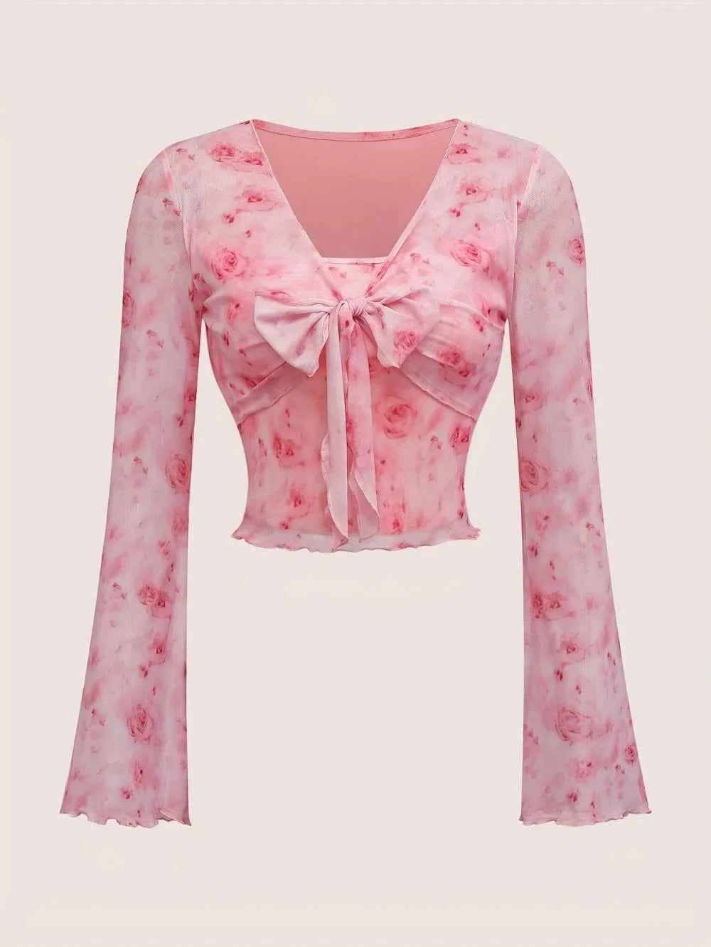 Women's T-Shirt Floral Printed Sweet V-Neck Mesh Summer Vacation Swimsuit Top Flare Long Sleeve Bow Tie Lace Up Woman Clothing
