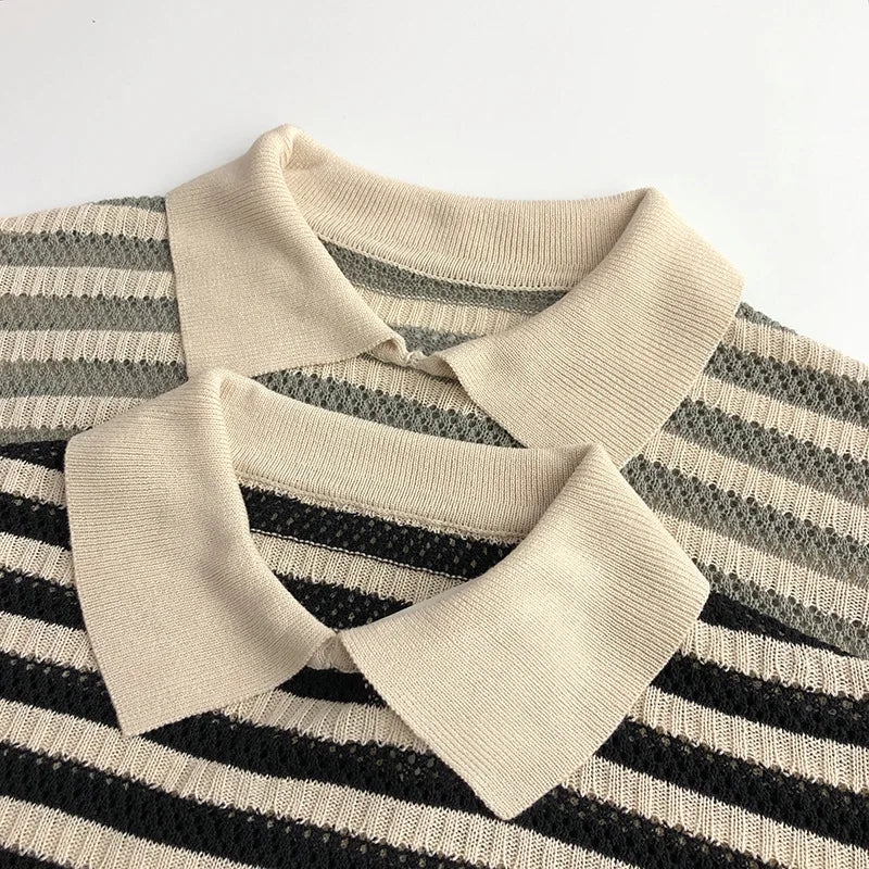 Spring and Summer Japanese Korean 1-6Y Children's Hollow Knitted Shirts Stylish Girl's Boy's Striped Short Sleeved T-shirts