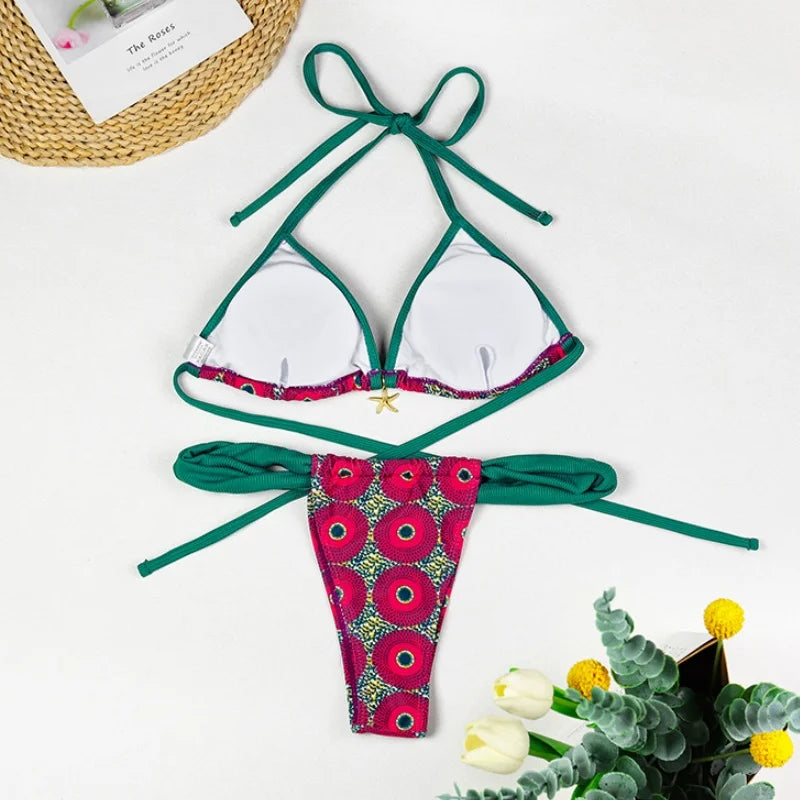 Bikinis Women Swimsuit Vintage Contrast Print Patchwork Design Sense Push Up Bikini Set Bathing Suit Swimming Beachwear 2 Piece