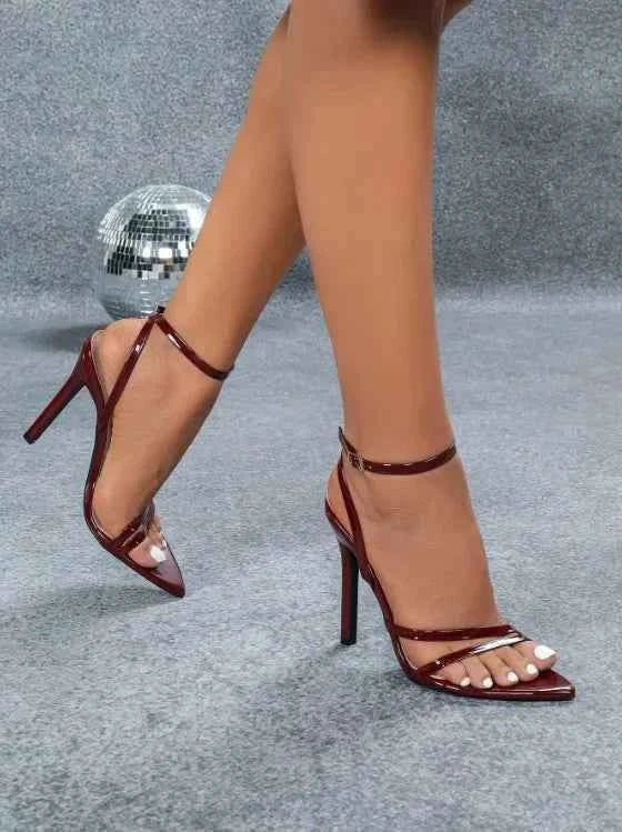 Fashionable Party High Heels Women's Pointed Toe Patent Leather Cross Ankle Strap Sandals Rubber Sole Square Head Shape