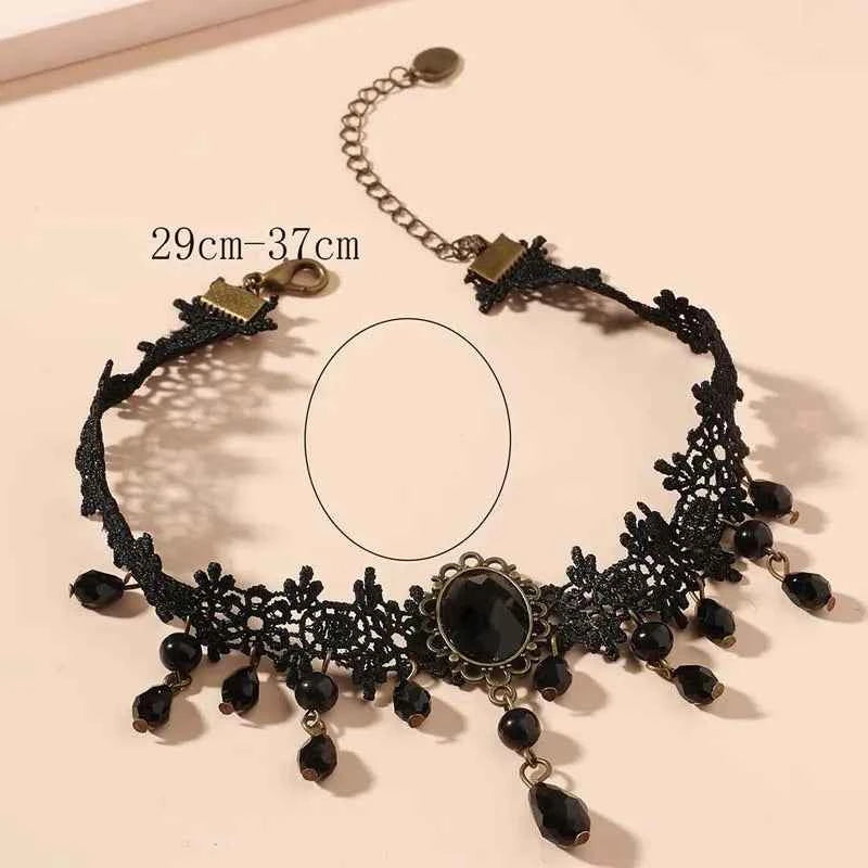 Vintage Black Lace Flower Choker Necklace for Women Fashion Classic Crystal Tassel Beaded Chain Necklace Jewelry Gifts