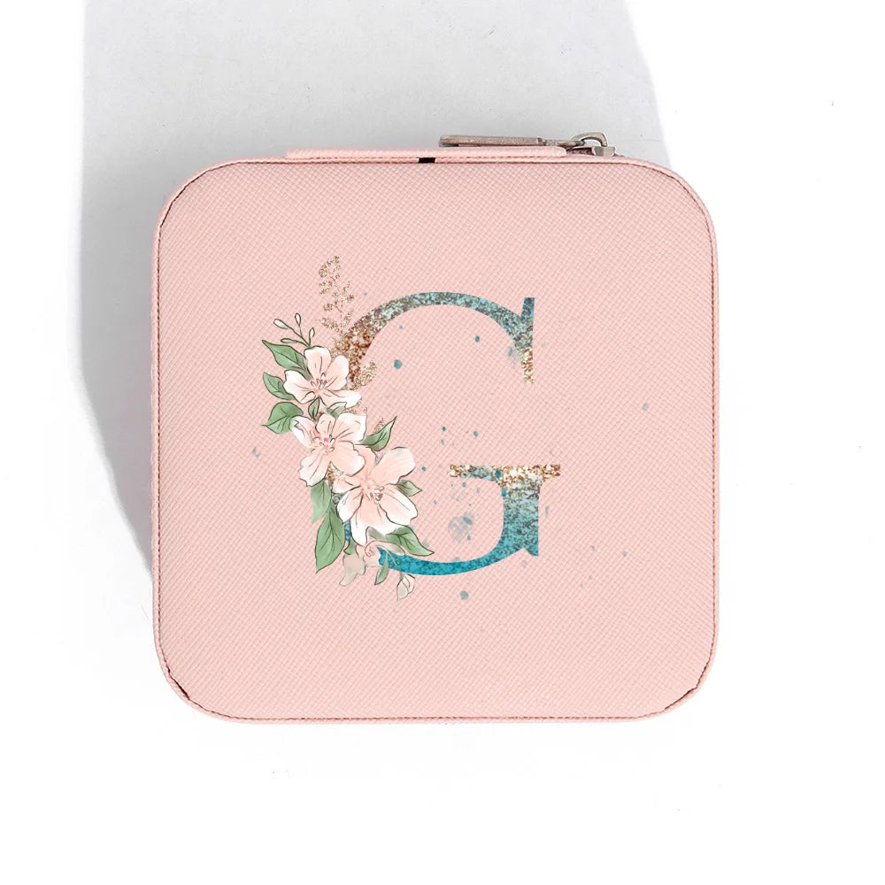 A-Z Alphabet Print Pink Travel Jewelry Organizer with Zipper Closure and Fabric Lining
