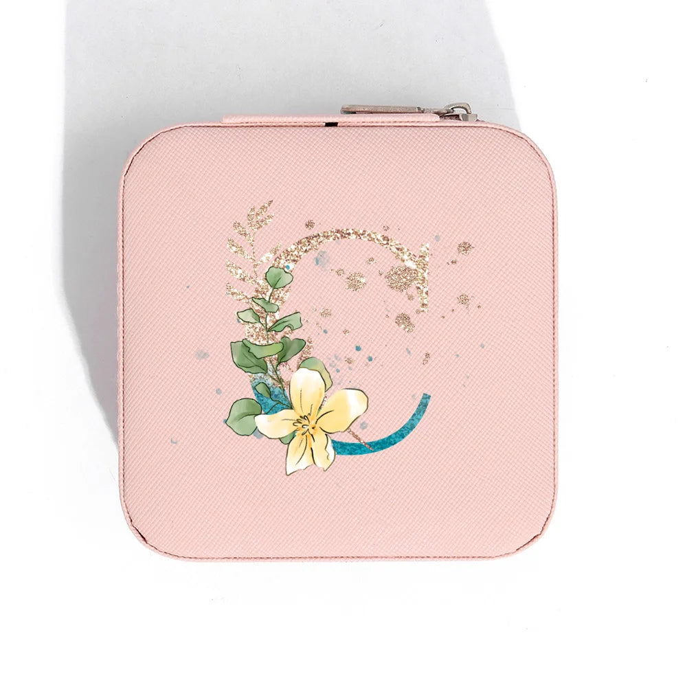A-Z Alphabet Print Pink Travel Jewelry Organizer with Zipper Closure and Fabric Lining