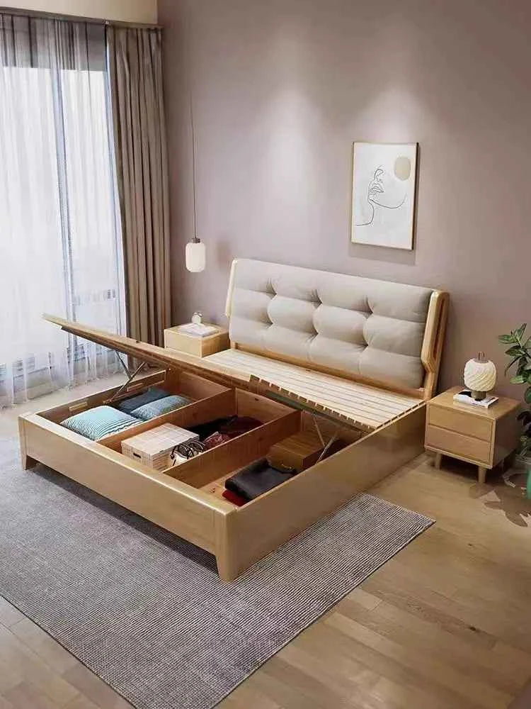 Home Furniture Bedroom Heavy Duty Wood Platform Dormitory Bed with Wood Headboard, Modern Double Bed Frame