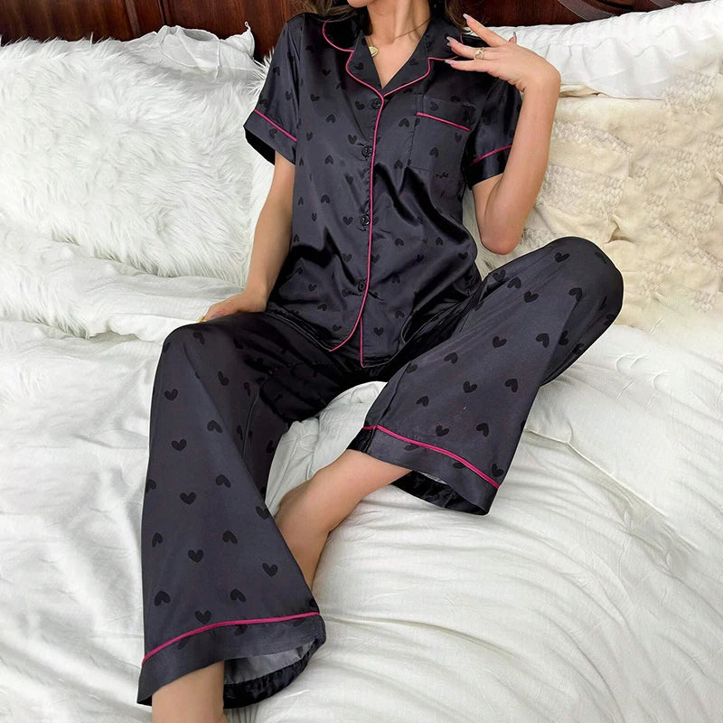 Women's Pajamas Sets Autumn Short Sleeve Buttons Top & Pants Sleepwear 2 Piece Button-Down Pj Set Homewear Satin Loungewear