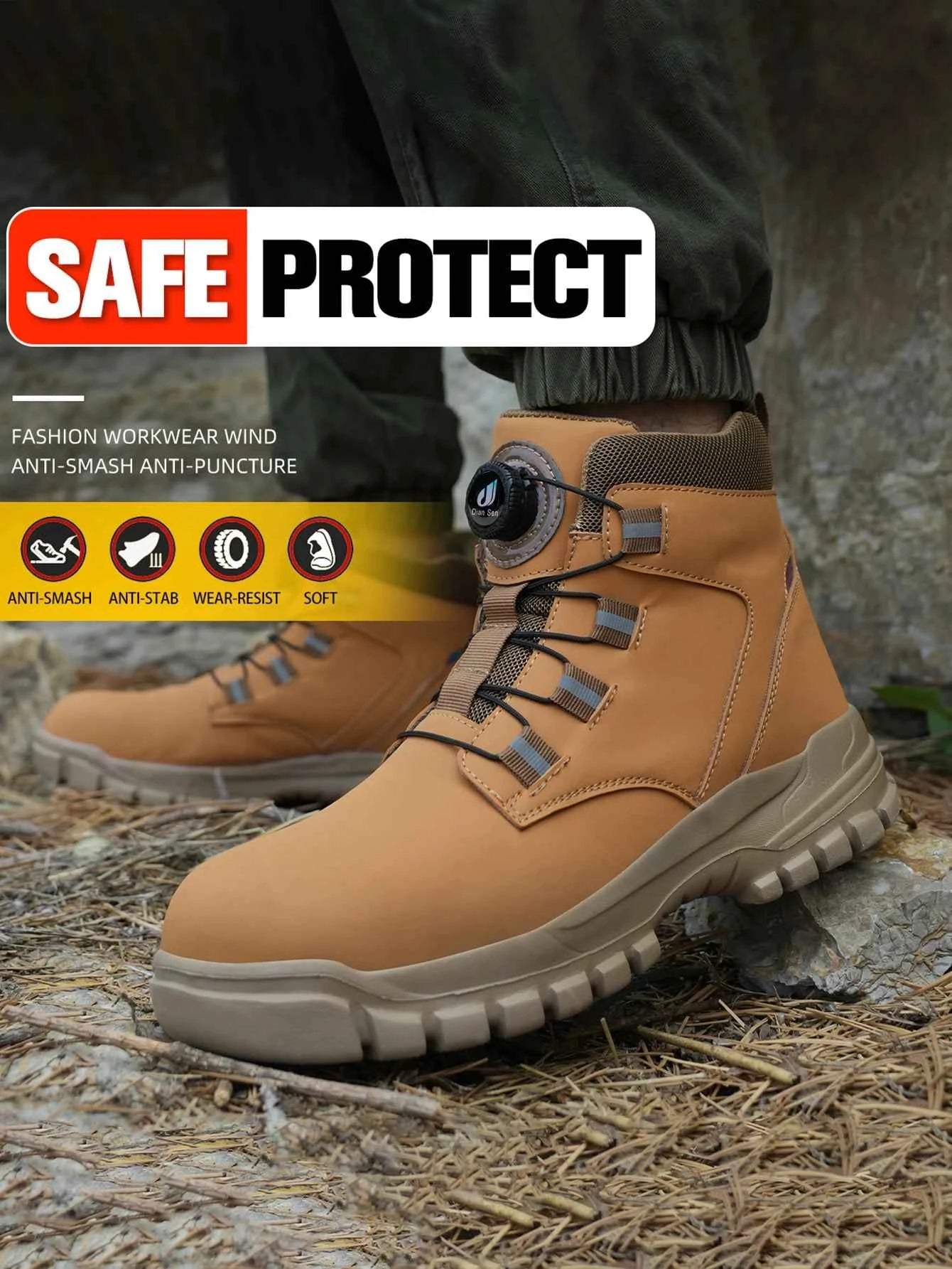 Leather Non Slip Work Boots for Men Rotating Button Safety Shoes Steel Toe Sneaker Male Puncture Proof Protective Boots