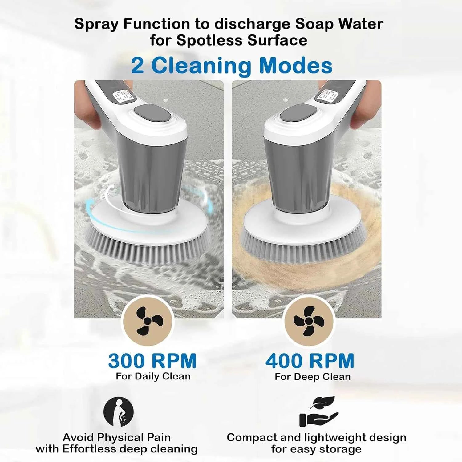 Electric Spin Scrubber IP68 Waterproof Wireless Cleaning Brush 2 speeds Adjustable Extend Handle Ground Kitchen Mult Home Tool