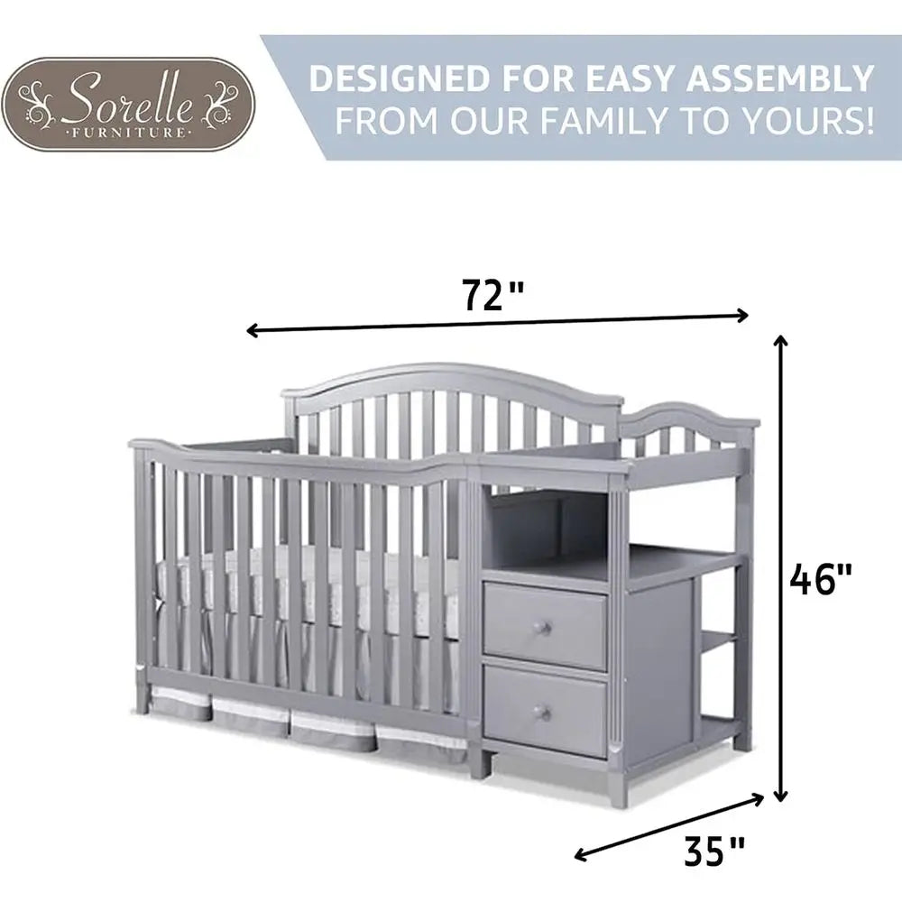 Convertible Crib with Slat Back, Diaper Changer, Wooden Toddler Bed, Gray Full-Size Nursery